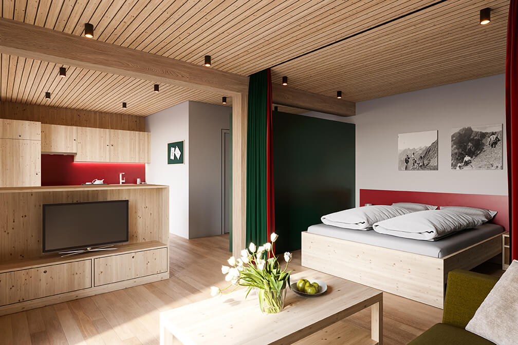 Innenansicht der Mitarbeiter Chalets beim Posthotel Taube in Schruns