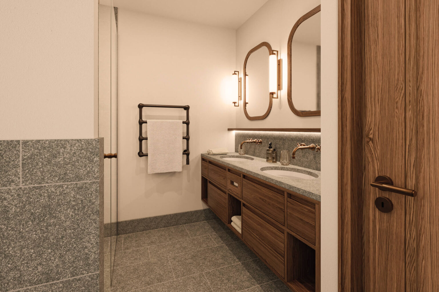 Natursteinbad mit Doppelwaschbecken im Taube Relaxed Deluxe Zimmer